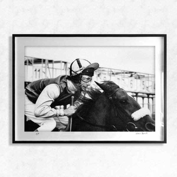Lester Piggott jockey in action on horseback - vintage horse racing photography print by Chris Smith