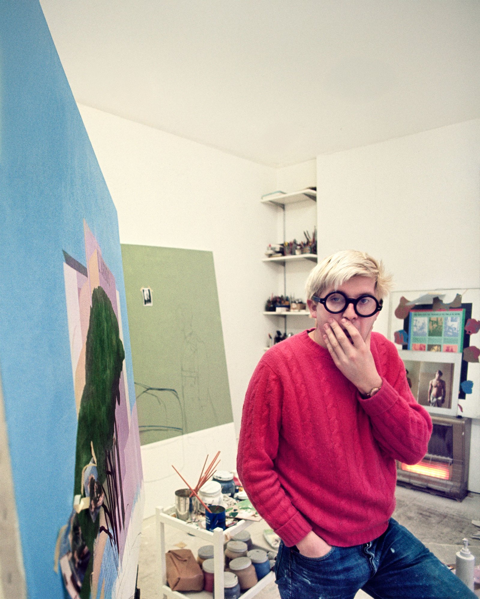 David Hockney candid moment in studio 1968 photographed by Chris Smith